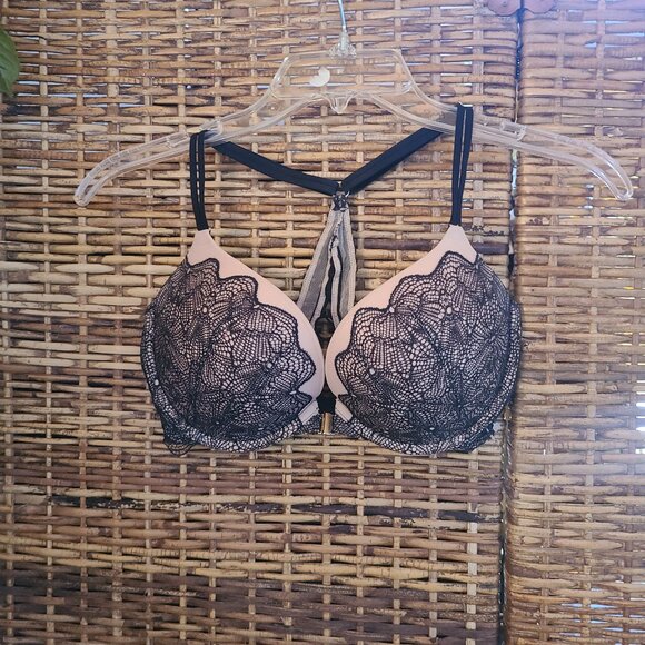 Victoria's Secret VERY SEXY Push Up Racerback Front Close Bra 32DD Black Nude - Picture 1 of 6
